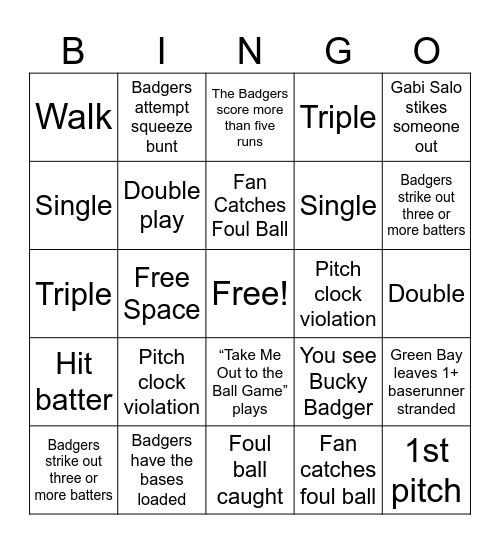 Wisconsin Softball Bingo Card