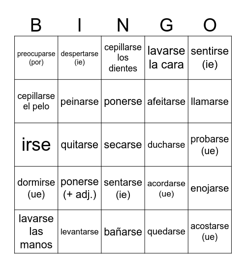 Ch 7 Reflexive Verbs Bingo Card
