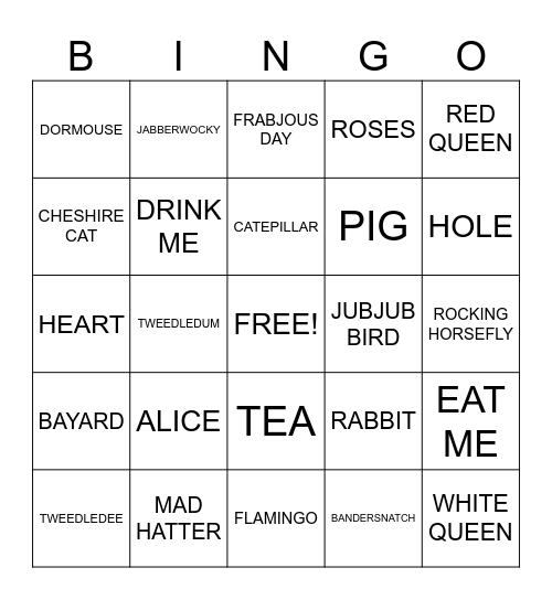 ALICE IN WONDERLAND Bingo Card