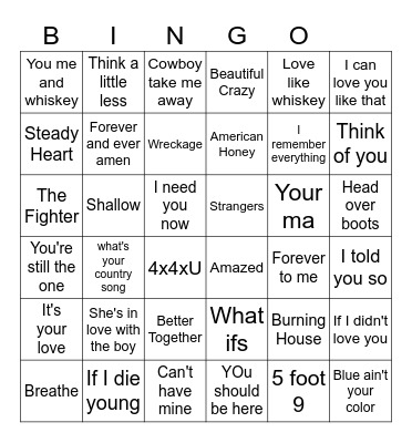Country Love Bingo Card