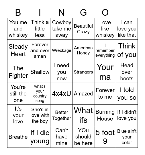 Country Love Bingo Card
