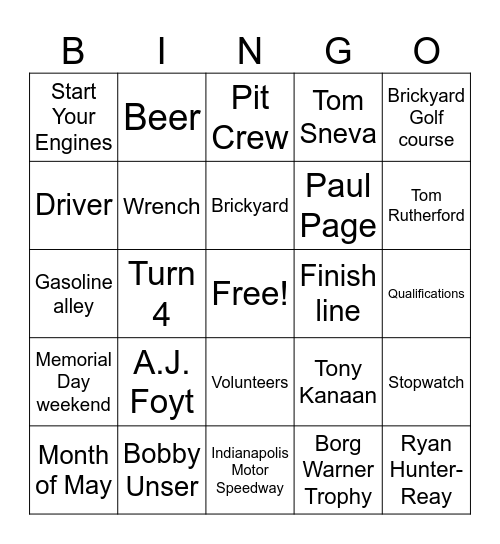 Indy 500 Bingo Card