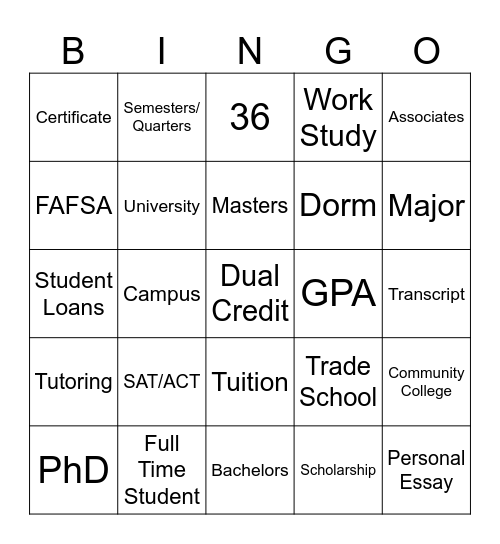 College Trivia Bingo Card