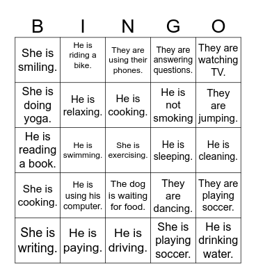 Present Progressive Bingo Card
