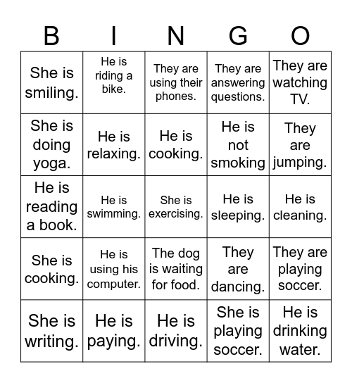 Present Progressive Bingo Card
