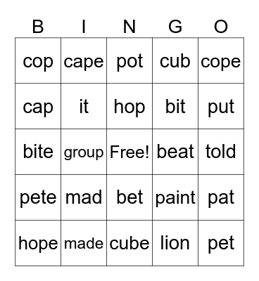 Long and Short Vowels Bingo Card