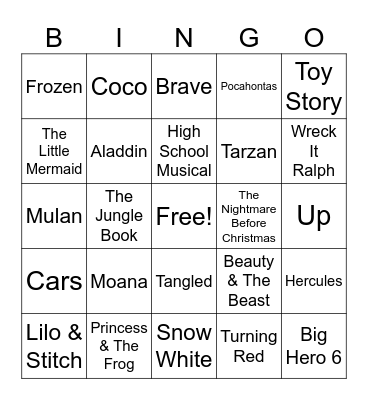 Disney Music Bingo Card