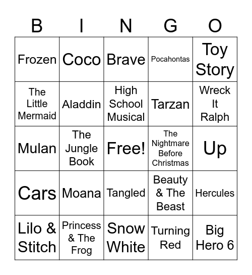 Disney Music Bingo Card
