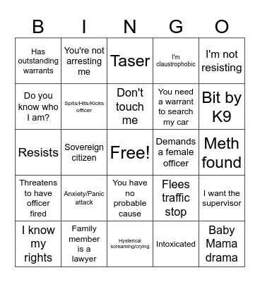 Body Cam Bingo Card