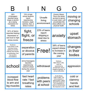 Teen Stress Facts Bingo Card