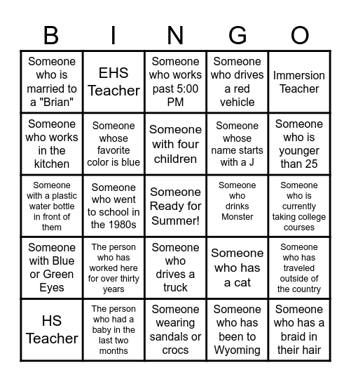 Head Start Bingo Card