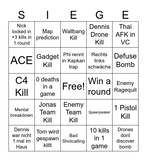 R6 Evening Bingo Card