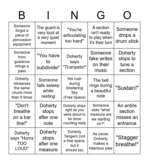Rehearsal Bingo Card