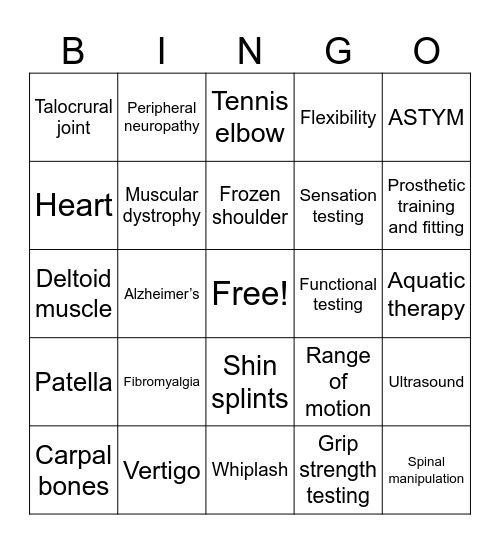 Physical Therapy Bingo Card