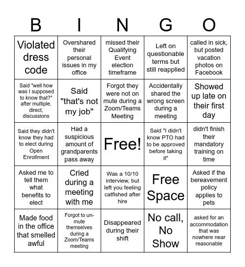 HR Reverse Bingo Card