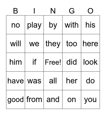 Sight Words Bingo Card