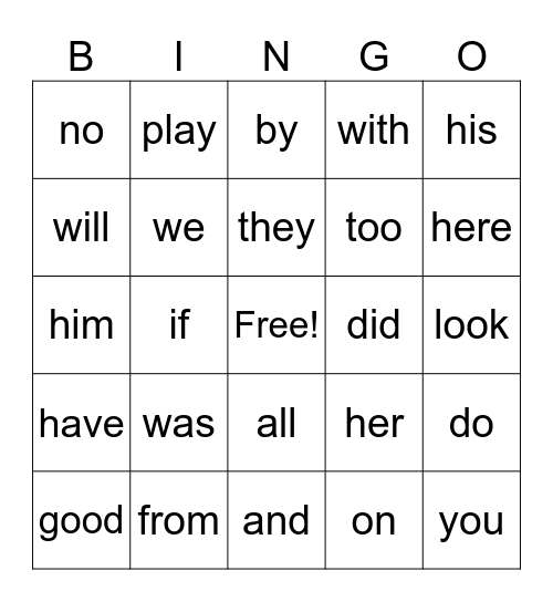 Sight Words Bingo Card
