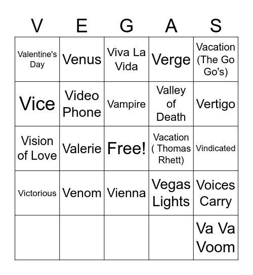 V Bingo Card