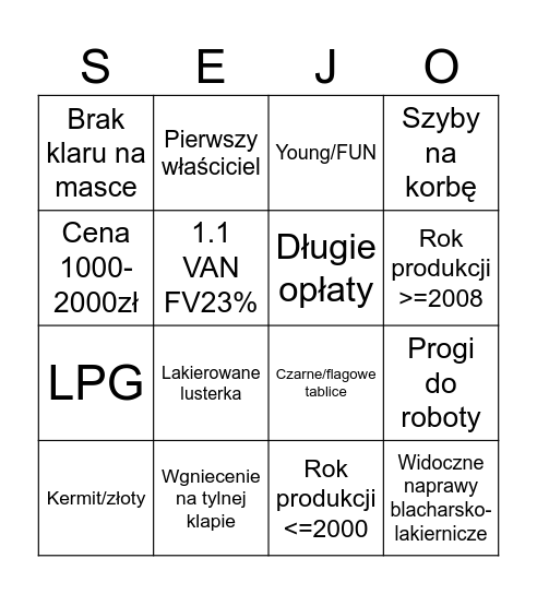 "Sprzedam fiat sejczento 900 sprawny tanio" Bingo Card