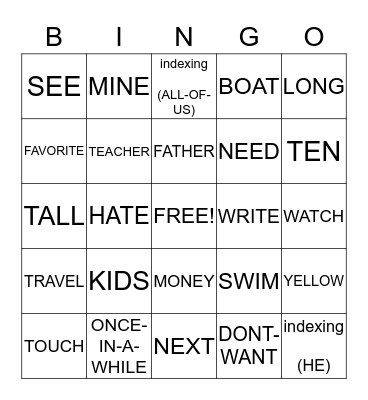 ASL GRAMMAR BINGO Card