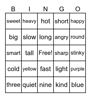 Adjectives Bingo Card
