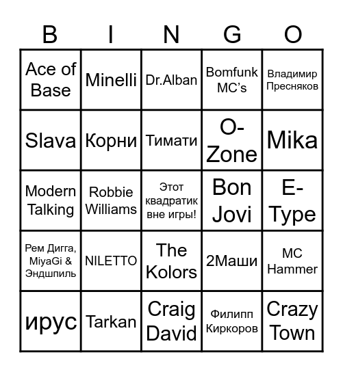 МУЗЫКАЛЬНОЕ БИНГО. Угадай исполнителя и вычеркни его в карточке, составляй 1 линию, 2 линии, всю карточку и кричи "БИНГО" Bingo Card