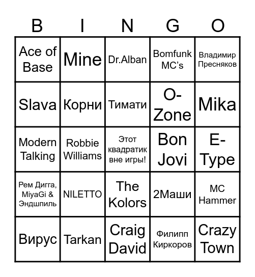 МУЗЫКАЛЬНОЕ БИНГО. Угадай исполнителя и вычеркни его в карточке, составляй 1 линию, 2 линии, всю карточку и кричи "БИНГО" Bingo Card