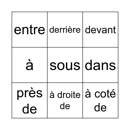 Les prépositions de lieu Bingo Card