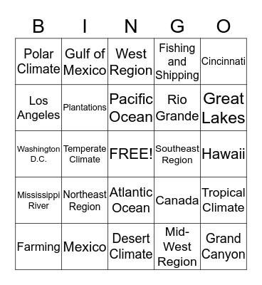 U.S. Regions Bingo Card