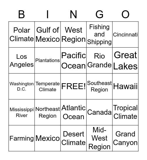U.S. Regions Bingo Card