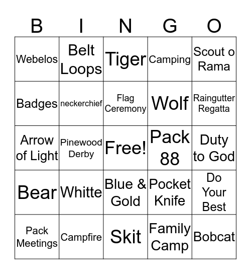 Cub Scout Bingo Card