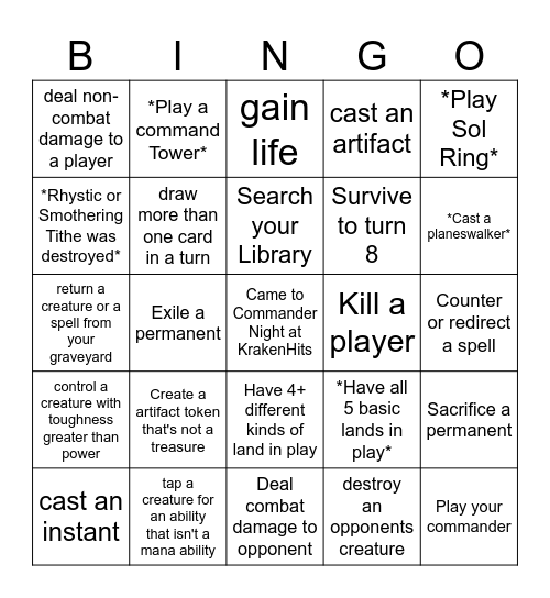 KrakenHits Commander MTG Bingo Card