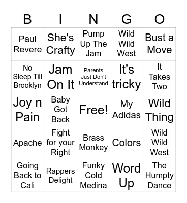 1980s Rap Bingo Card