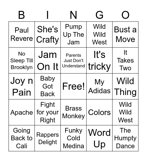 1980s Rap Bingo Card