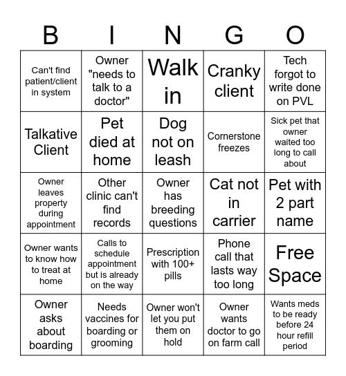 Receptionist Bingo Card
