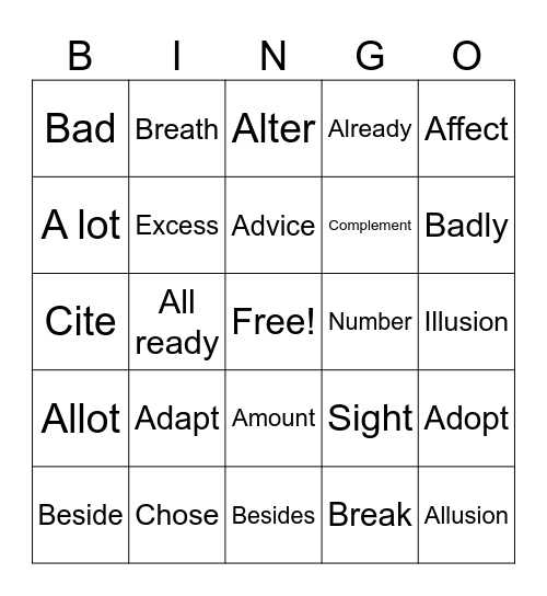 Commonly Confused Bingo Card