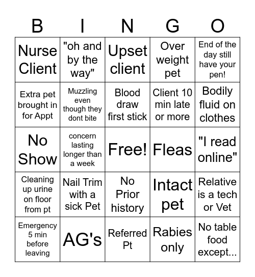Vet Tech Bingo! Bingo Card