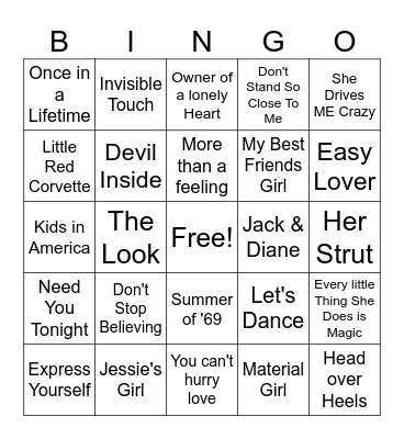 1980s Pop Bingo Card