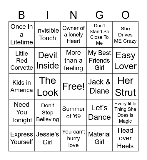 1980s Pop Bingo Card