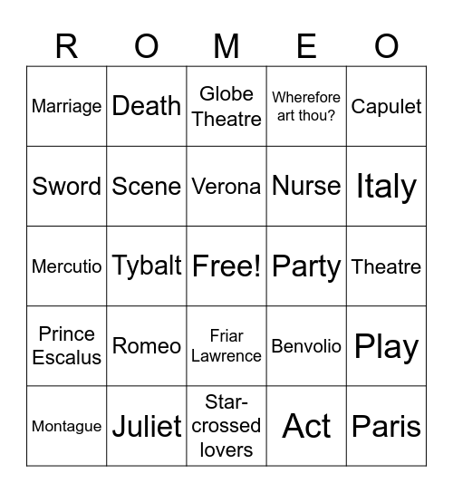Romeo and Juliet Bingo Card