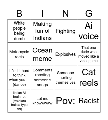 Instagram reel bingo Card