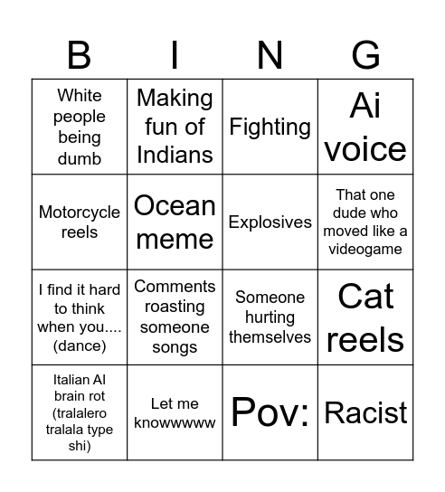 Instagram reel bingo Card