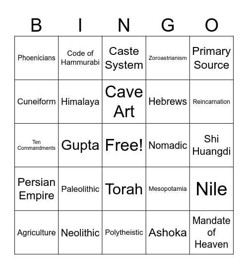 Prehistory & Early Civilizations Review Bingo Card
