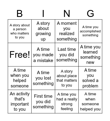 Memoir brainstorming Bingo Card