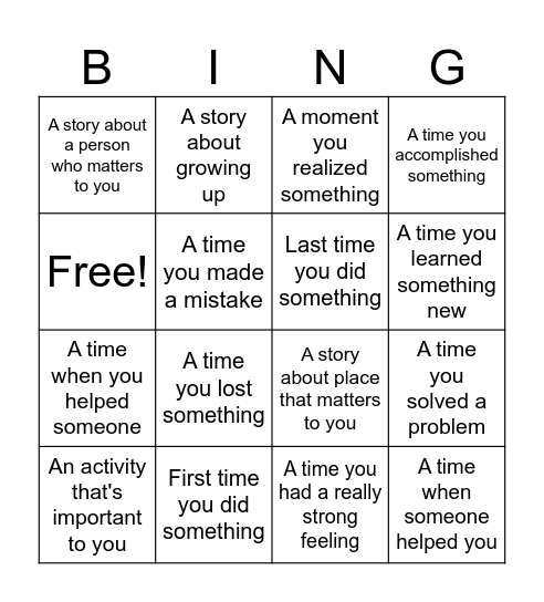 Memoir brainstorming Bingo Card