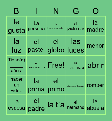 5A Vocabulary Bingo Card