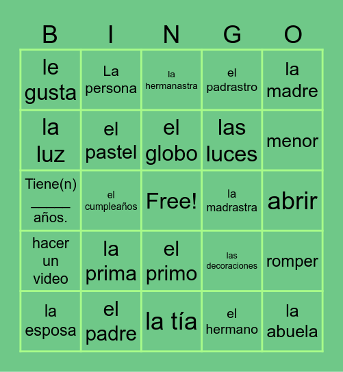 5A Vocabulary Bingo Card
