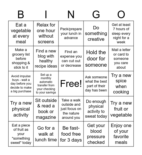 Healthy Bingo Card