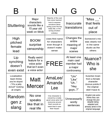 English Dub Bingo Card