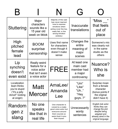 English Dub Bingo Card